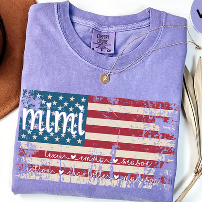 Comfort Colors Personalized Mimi American Flag Shirt With Grandkids Names, Custom Patriotic Mimi Shirt for Family, Meaningful USA Flag Design Apparel for Women and Grandma