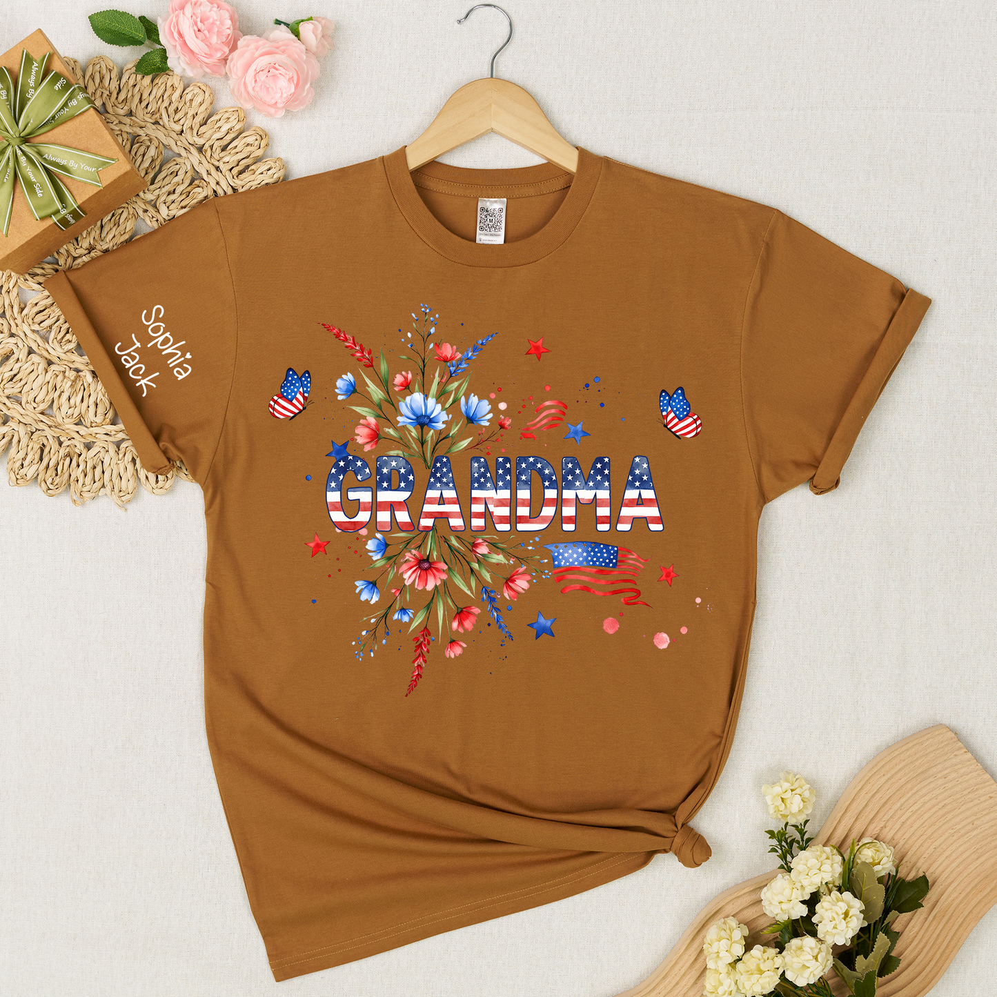 Patriotic Grandma Shirt, American Flag Floral Grandma T-Shirt, Custom Mimi Gigi Nana Tee, 4th of July Grandma Gift, Mother's Day Apparel