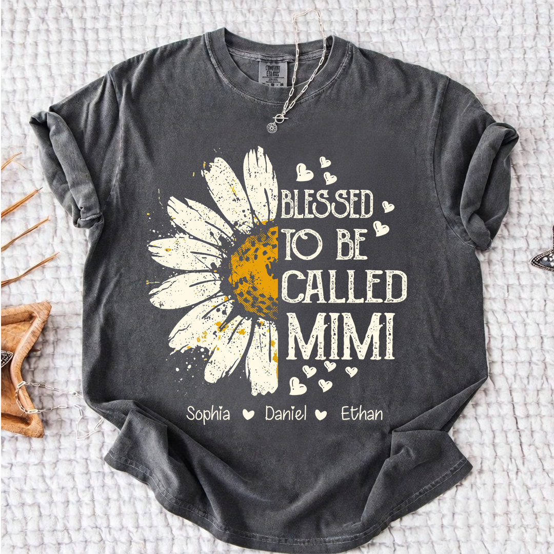 Comfort Colors Blessed To Be Called Mimi Shirt, Custom Grandma Daisy Tee with Kids Names, Personalized Family Flower Shirt for Women Mothers Day Christmas Birthday
