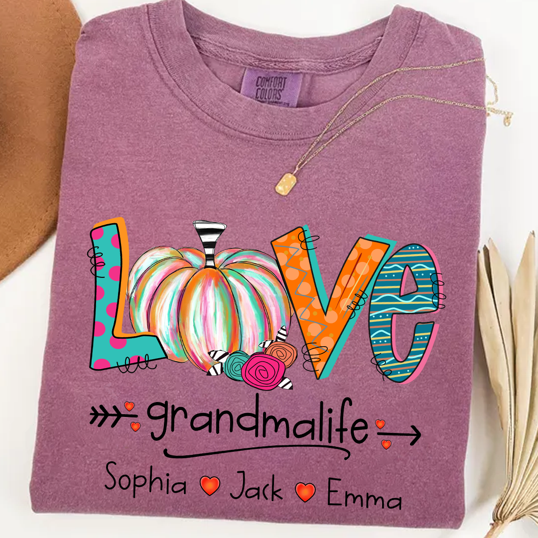 Comfort Colors® Grandma Life Pumpkin Shirt with Grandkids Names – Fall Personalized Gift for Nana, Gigi