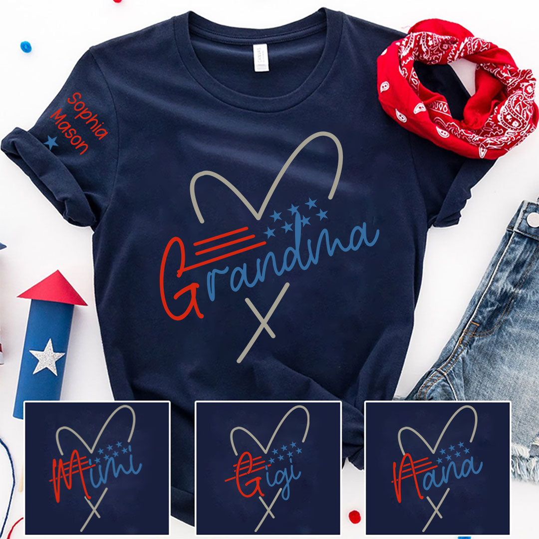 Grandma Heart 4th Of July Shirt, Custom Grandma And Grandkids T-Shirt