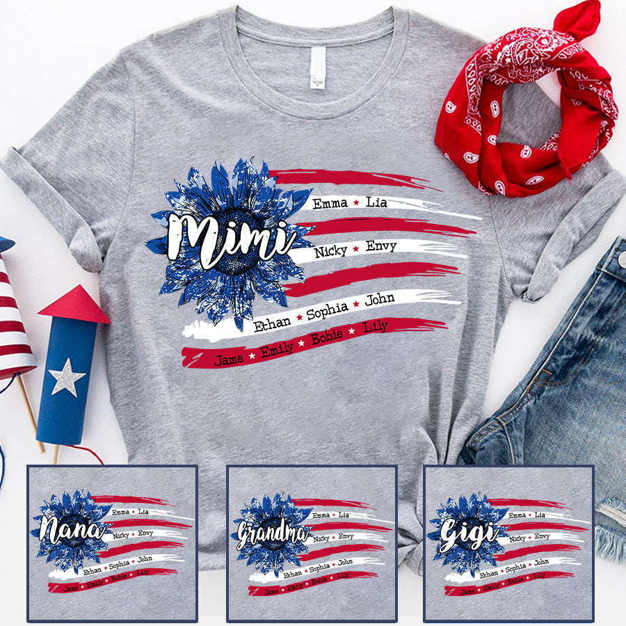Personalized Grandma with Grandkids Sunflower American Flag  T-Shirt