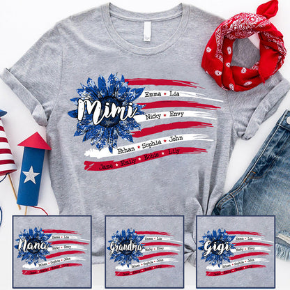 Personalized Grandma with Grandkids Sunflower American Flag  T-Shirt