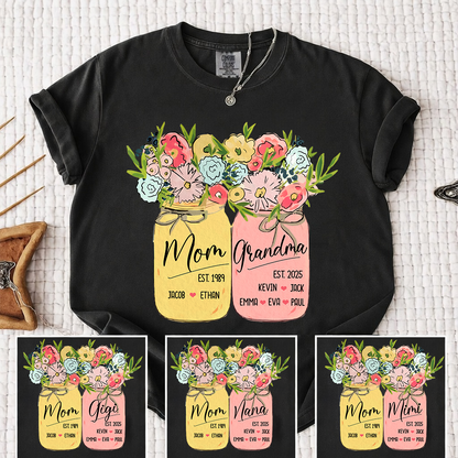 Personalized Mom Grandma Shirt Birth Flower Mason Jar Design Custom Nana Mimi Gigi Name Tee with Kids Names Meaningful Family Keepsake Gift for Women