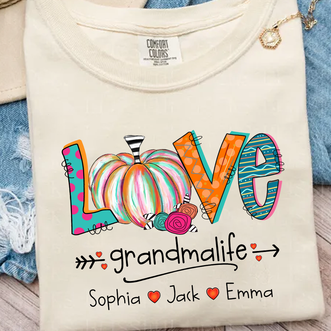 Comfort Colors® Grandma Life Pumpkin Shirt with Grandkids Names – Fall Personalized Gift for Nana, Gigi
