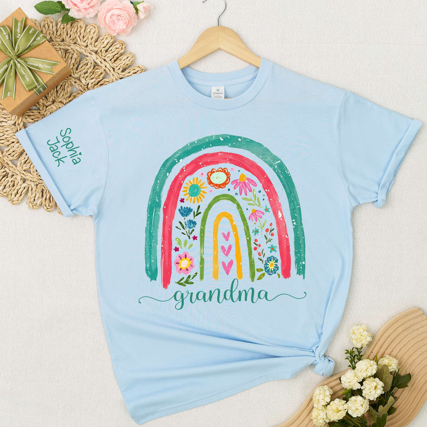 Grandma Rainbow Floral Shirt, Personalized Nana Mimi Gigi Sweatshirt, Custom Kids Names Sleeve Tee, Boho Flower Grandma Gift for Mother's Day, Cute Family Matching Top