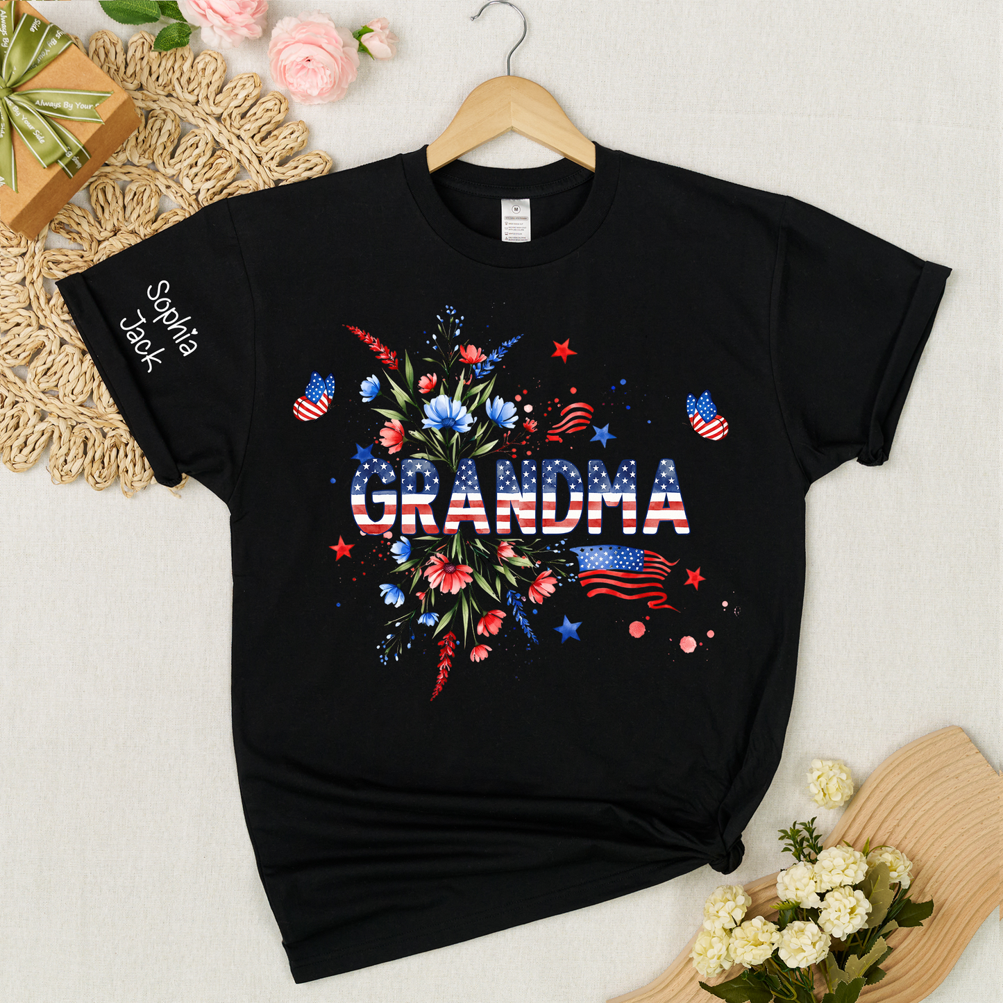 Patriotic Grandma Shirt, American Flag Floral Grandma T-Shirt, Custom Mimi Gigi Nana Tee, 4th of July Grandma Gift, Mother's Day Apparel