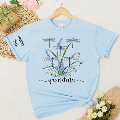 Personalized Grandma Shirt Dragonfly Floral Graphic Custom Grandkids Names Women Family Love Mimi Nana Gigi Mama Casual Short Sleeve T Shirt