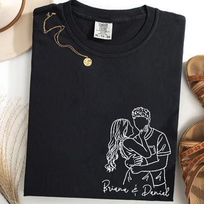 Custom Couple Line Art Comfort Colors Shirt, Personalized Photo Outline Portrait T Shirt, Matching Couple Shirt, Minimal Drawing Love Design