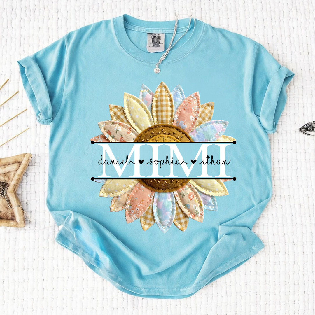 Comfort Colors Personalized Mimi Sunflower Patchwork Shirt Custom Grandma Nickname Tee With Grandkids Names Nana Gigi Grandma Floral Sunflower Design Family Gift Mothers Day Grandma Apparel