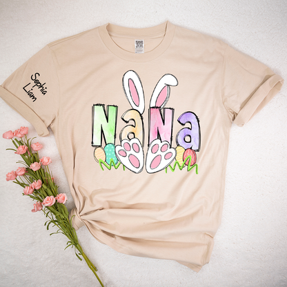Personalized Nana Easter Shirt with Bunny Ears and Paw Print Design, Custom Grandma Name T Shirt, Spring Family Outfit, Cute Pastel Graphic Top for Mom and Grandma