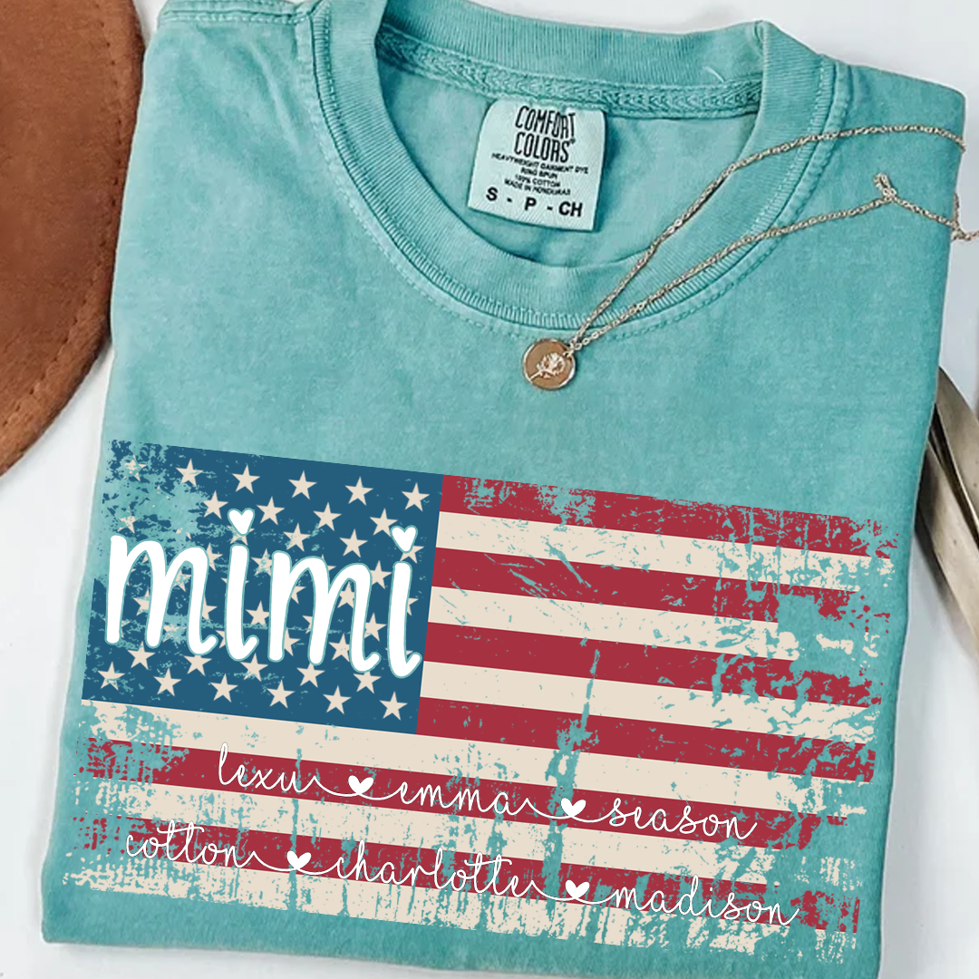 Comfort Colors Personalized Mimi American Flag Shirt With Grandkids Names, Custom Patriotic Mimi Shirt for Family, Meaningful USA Flag Design Apparel for Women and Grandma