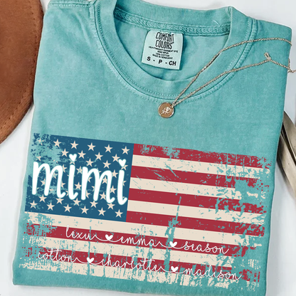 Comfort Colors Personalized Mimi American Flag Shirt With Grandkids Names, Custom Patriotic Mimi Shirt for Family, Meaningful USA Flag Design Apparel for Women and Grandma