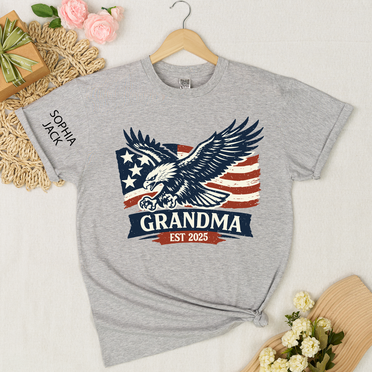 Personalized Grandma Shirt Patriotic Eagle and American Flag Design Custom Mimi Nana Gigi Name Tee EST. 2025 Family Gift for Her