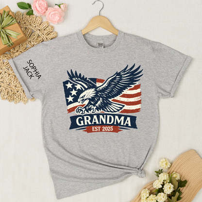 Personalized Grandma Shirt Patriotic Eagle and American Flag Design Custom Mimi Nana Gigi Name Tee EST. 2025 Family Gift for Her