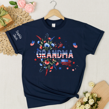 Patriotic Grandma Shirt, American Flag Floral Grandma T-Shirt, Custom Mimi Gigi Nana Tee, 4th of July Grandma Gift, Mother's Day Apparel