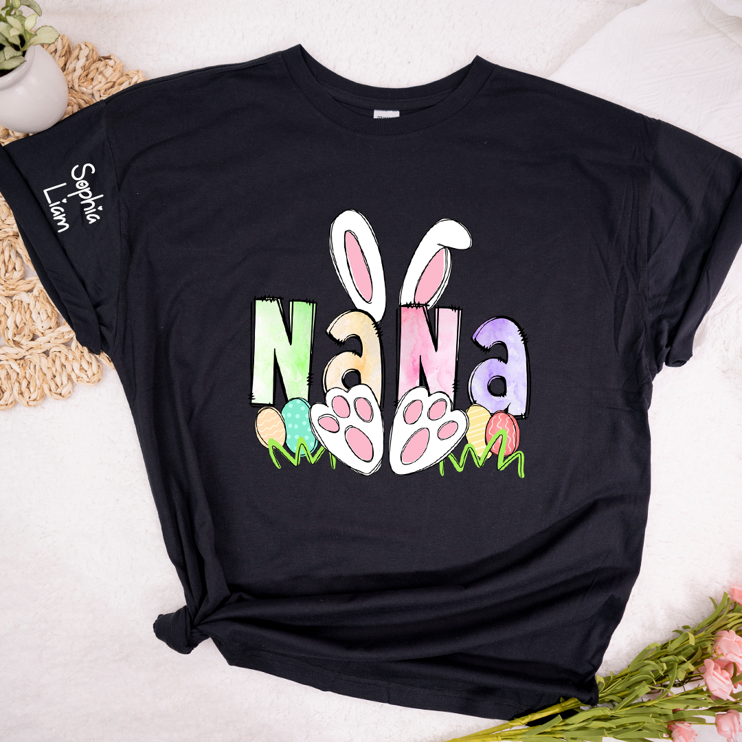 Personalized Nana Easter Shirt with Bunny Ears and Paw Print Design, Custom Grandma Name T Shirt, Spring Family Outfit, Cute Pastel Graphic Top for Mom and Grandma