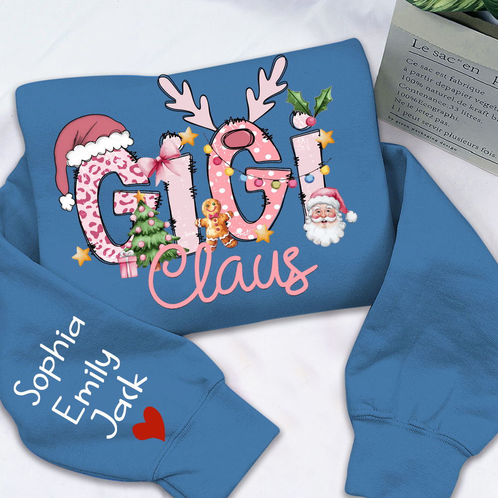 Gigi Claus Christmas Sweatshirt – Personalized Holiday Shirt with Grandkids’ Names