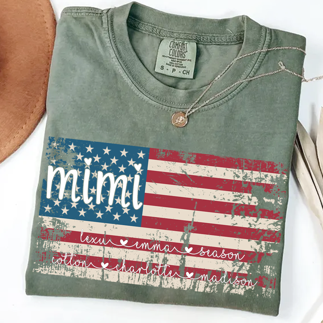 Comfort Colors Personalized Mimi American Flag Shirt With Grandkids Names, Custom Patriotic Mimi Shirt for Family, Meaningful USA Flag Design Apparel for Women and Grandma