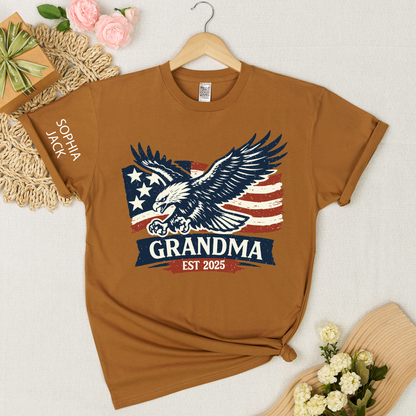 Personalized Grandma Shirt Patriotic Eagle and American Flag Design Custom Mimi Nana Gigi Name Tee EST. 2025 Family Gift for Her
