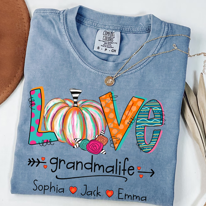 Comfort Colors® Grandma Life Pumpkin Shirt with Grandkids Names – Fall Personalized Gift for Nana, Gigi