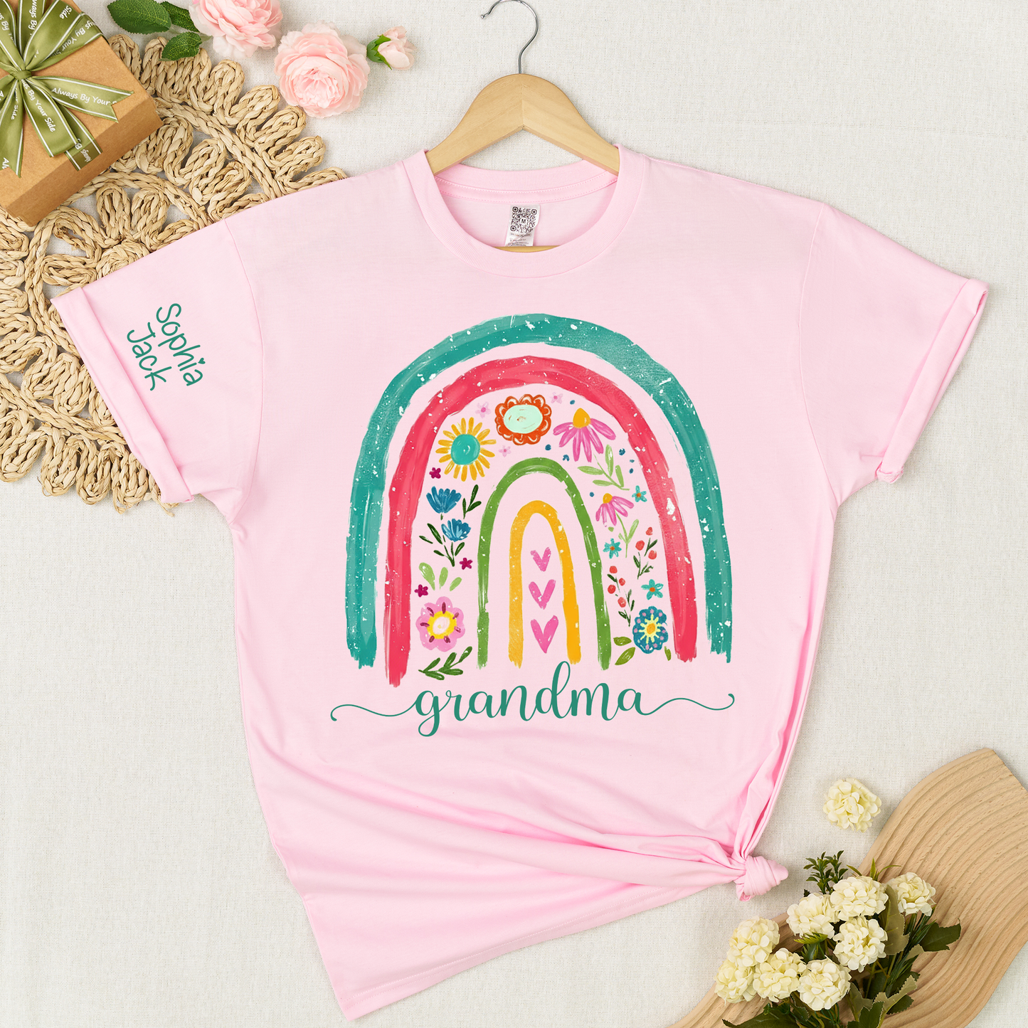 Grandma Rainbow Floral Shirt, Personalized Nana Mimi Gigi Sweatshirt, Custom Kids Names Sleeve Tee, Boho Flower Grandma Gift for Mother's Day, Cute Family Matching Top