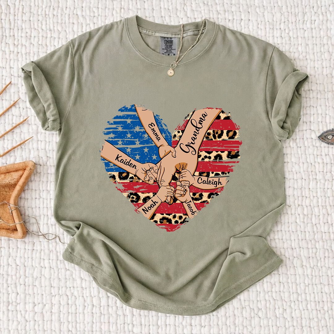 Comfort Color Personalized Grandma Shirt Patriotic Heart American Flag Leopard Design Custom Nana Mimi Gigi Name Tee with Grandkids Names Family 4th of July Outfit