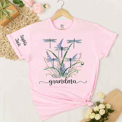 Personalized Grandma Shirt Dragonfly Floral Graphic Custom Grandkids Names Women Family Love Mimi Nana Gigi Mama Casual Short Sleeve T Shirt