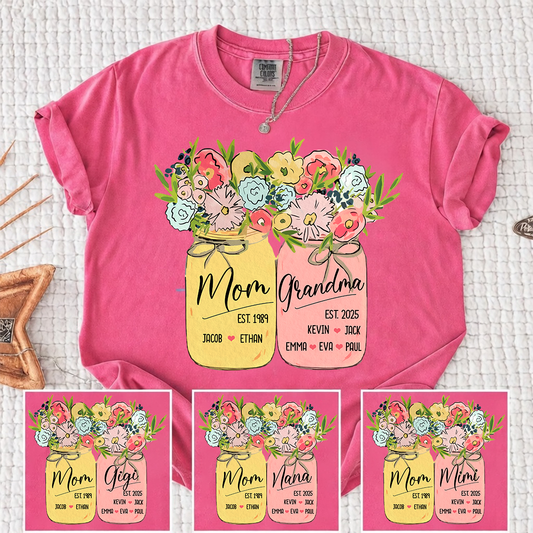 Personalized Mom Grandma Shirt Birth Flower Mason Jar Design Custom Nana Mimi Gigi Name Tee with Kids Names Meaningful Family Keepsake Gift for Women