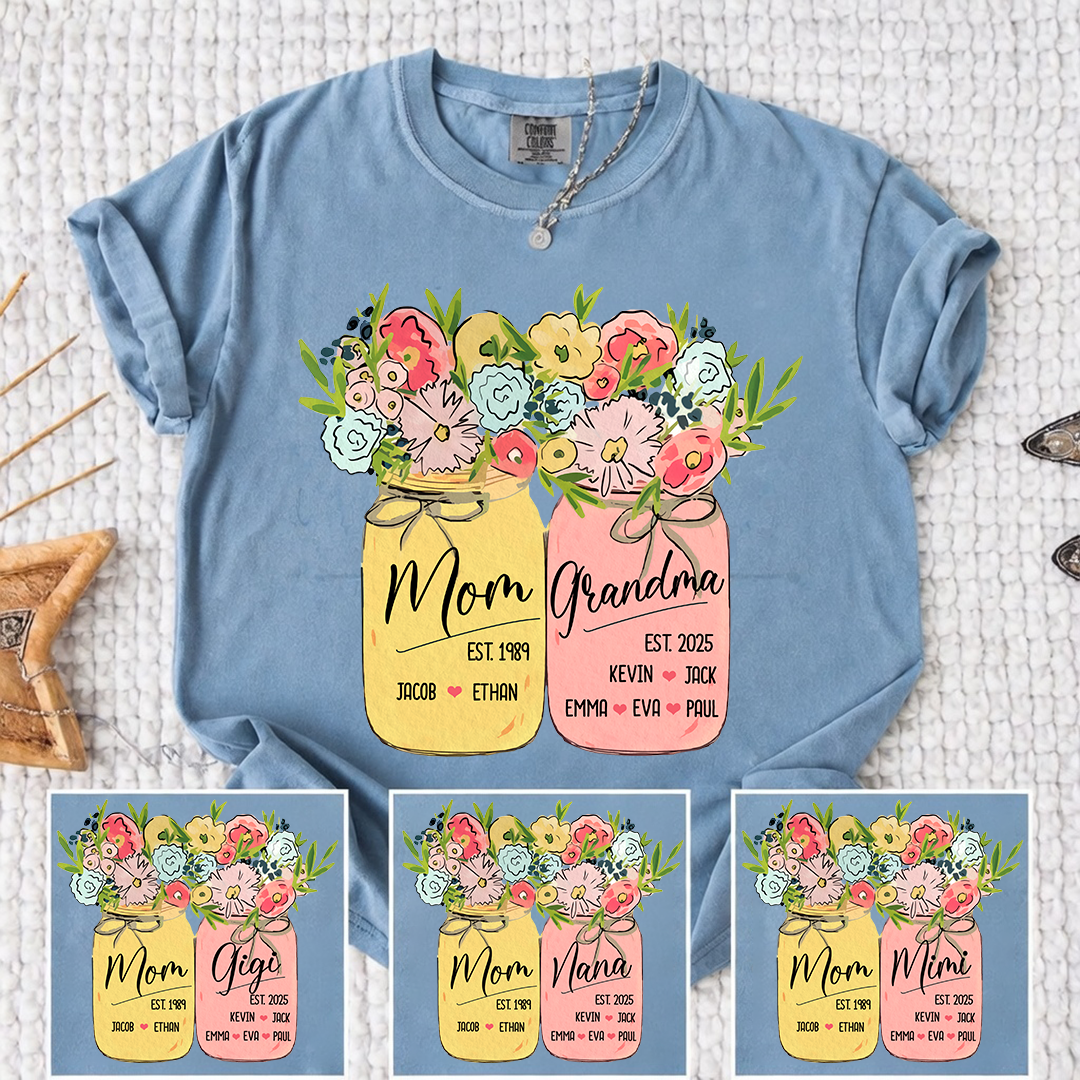 Personalized Mom Grandma Shirt Birth Flower Mason Jar Design Custom Nana Mimi Gigi Name Tee with Kids Names Meaningful Family Keepsake Gift for Women