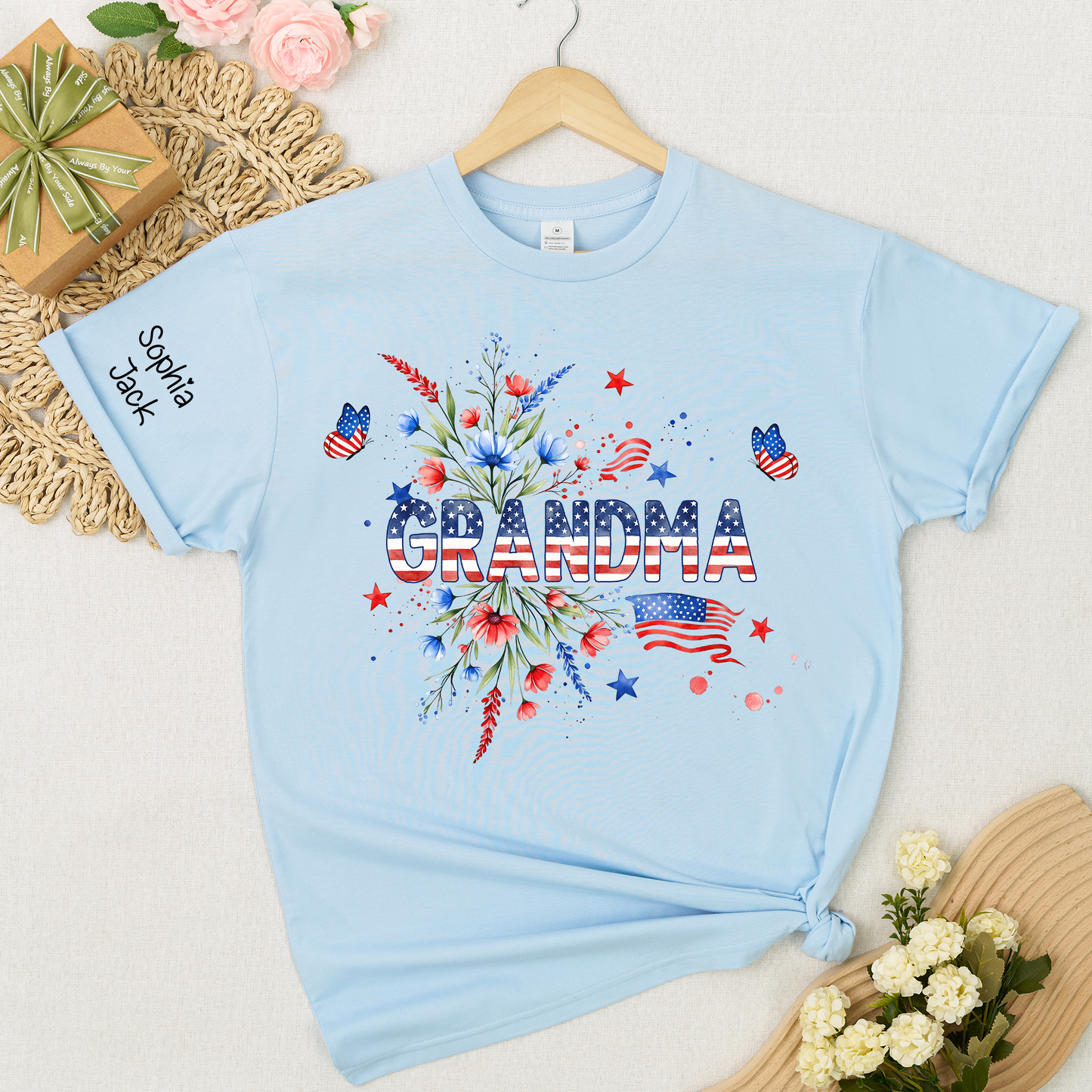 Patriotic Grandma Shirt, American Flag Floral Grandma T-Shirt, Custom Mimi Gigi Nana Tee, 4th of July Grandma Gift, Mother's Day Apparel