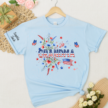 Patriotic Grandma Shirt, American Flag Floral Grandma T-Shirt, Custom Mimi Gigi Nana Tee, 4th of July Grandma Gift, Mother's Day Apparel
