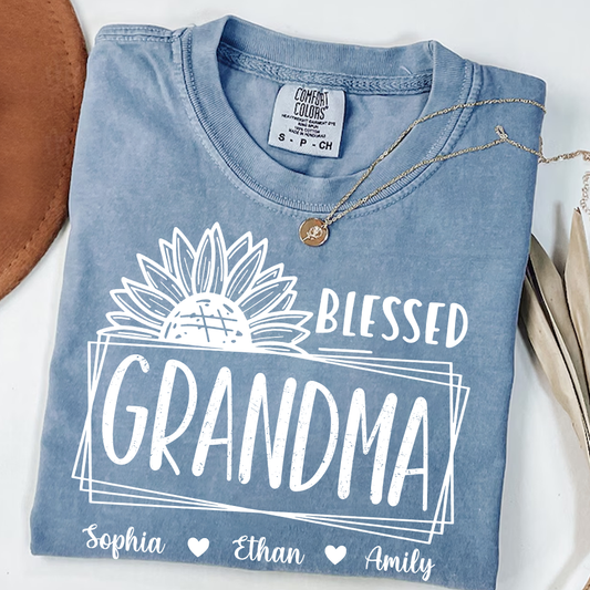 Comfort Colors Blessed Grandma Sunflower Tee with Personalized Names - Gift for Grandma, Mother's Day or Birthday Shirt