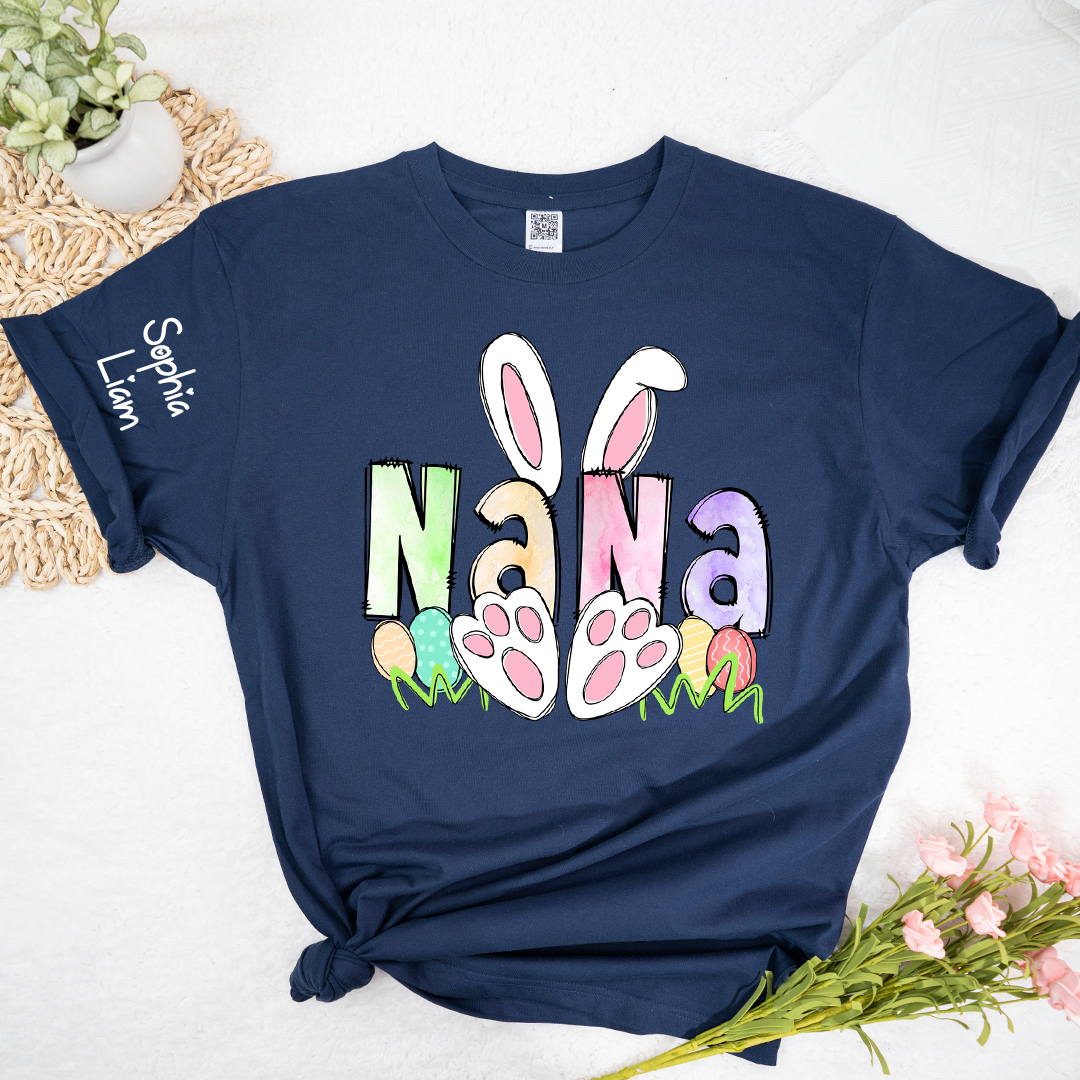 Personalized Nana Easter Shirt with Bunny Ears and Paw Print Design, Custom Grandma Name T Shirt, Spring Family Outfit, Cute Pastel Graphic Top for Mom and Grandma