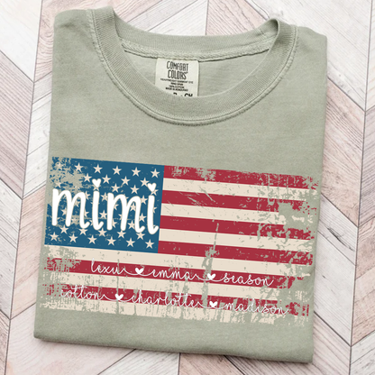 Comfort Colors Personalized Mimi American Flag Shirt With Grandkids Names, Custom Patriotic Mimi Shirt for Family, Meaningful USA Flag Design Apparel for Women and Grandma