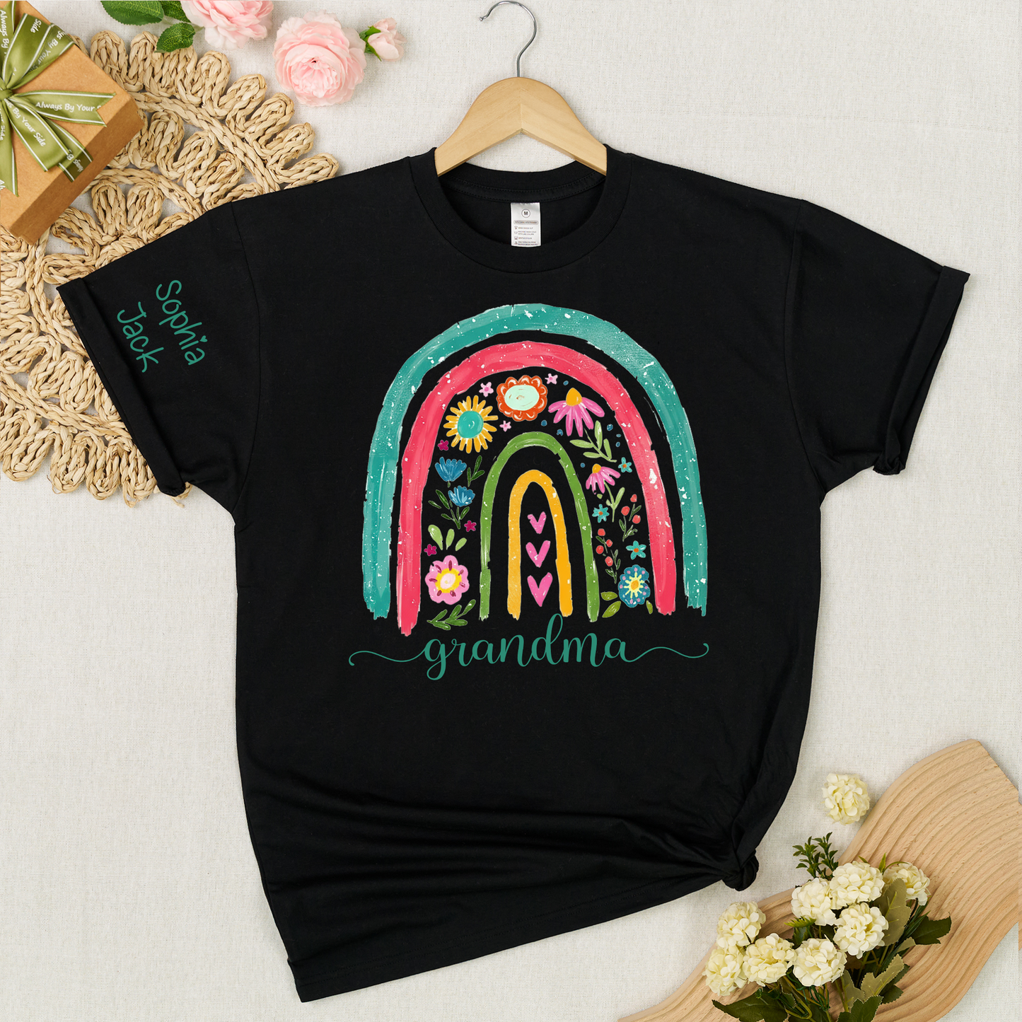 Grandma Rainbow Floral Shirt, Personalized Nana Mimi Gigi Sweatshirt, Custom Kids Names Sleeve Tee, Boho Flower Grandma Gift for Mother's Day, Cute Family Matching Top