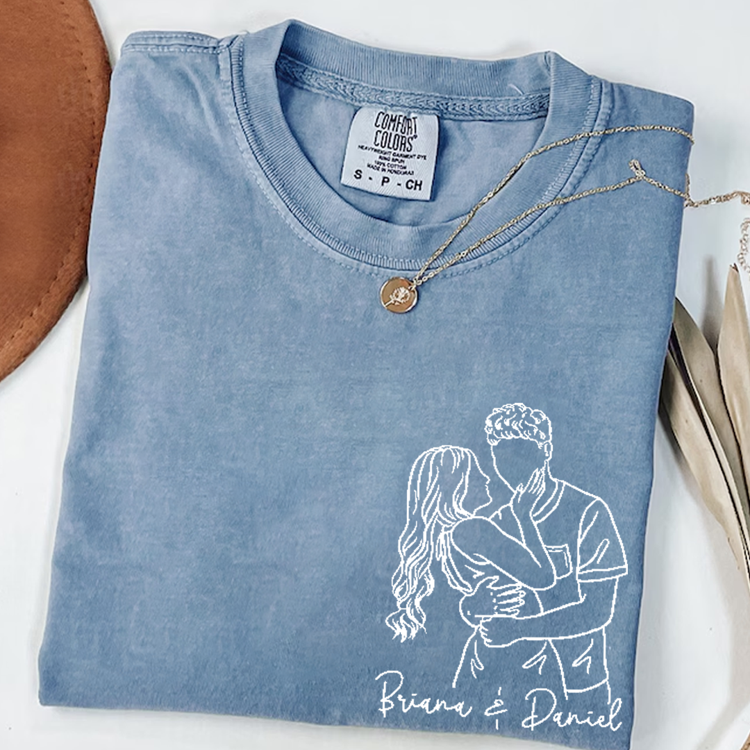 Custom Couple Line Art Comfort Colors Shirt, Personalized Photo Outline Portrait T Shirt, Matching Couple Shirt, Minimal Drawing Love Design