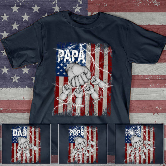Customized Papa Grandkids Hands Flag Lightning for Proud Grandfathers T-Shirt