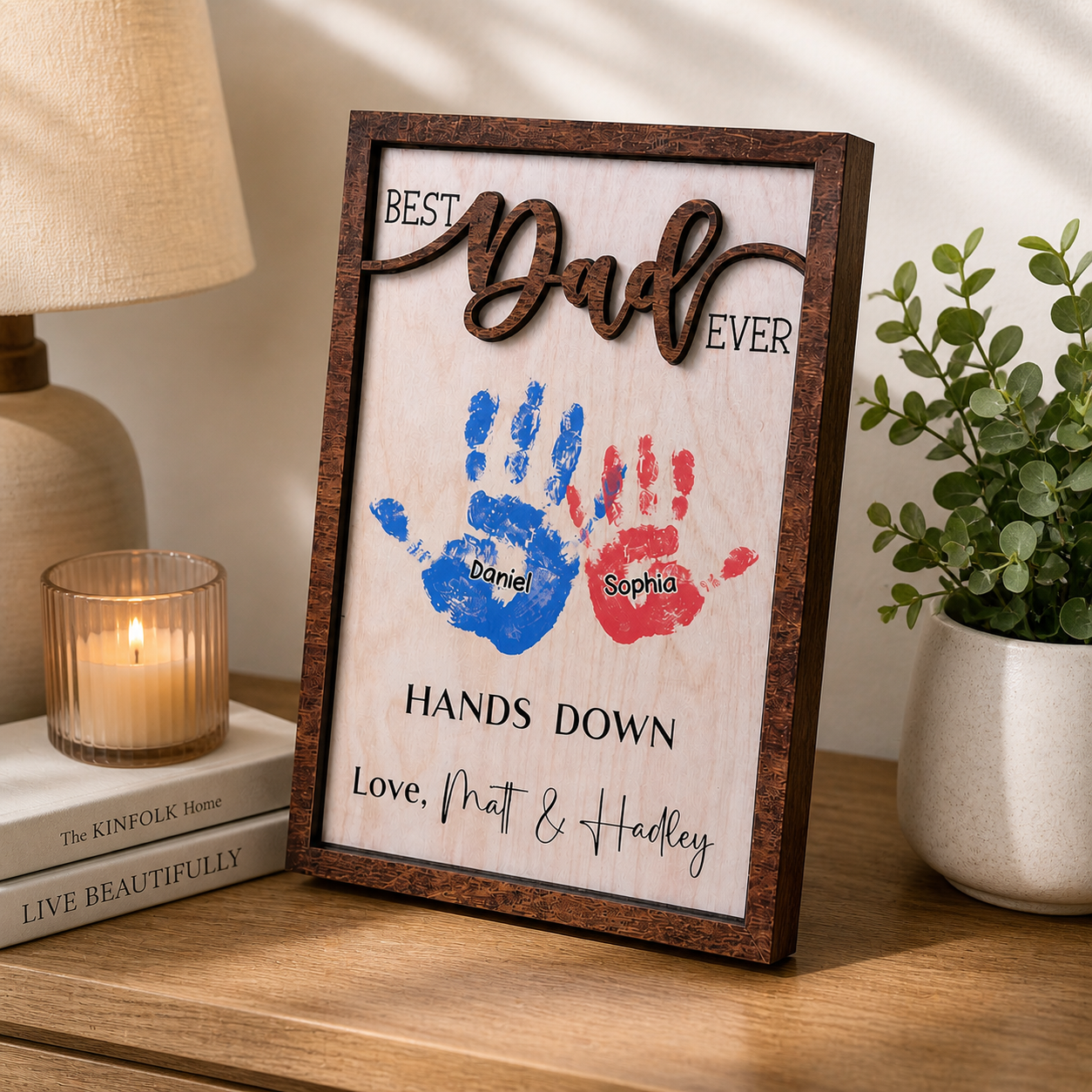 Personalized Dad Handprint Frame, Custom Kids Names Gift for Father, Best Dad Ever Hands Down Wooden Sign