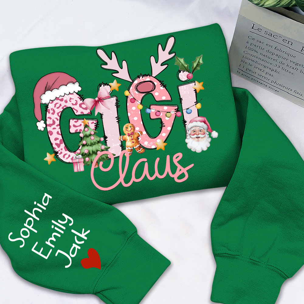 Gigi Claus Christmas Sweatshirt – Personalized Holiday Shirt with Grandkids’ Names