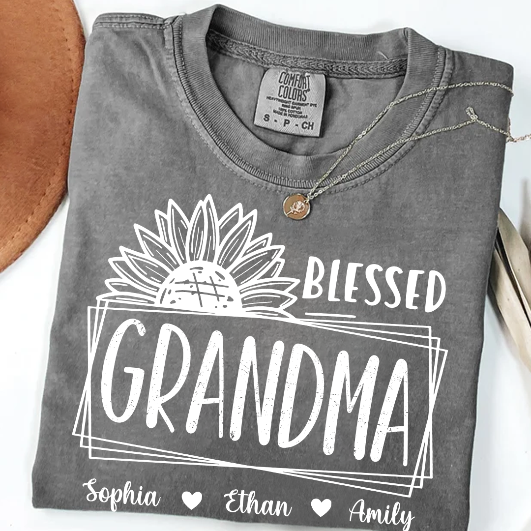 Comfort Colors Blessed Grandma Sunflower Tee with Personalized Names - Gift for Grandma, Mother's Day or Birthday Shirt