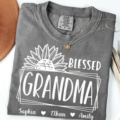 Comfort Colors Blessed Grandma Sunflower Tee with Personalized Names - Gift for Grandma, Mother's Day or Birthday Shirt