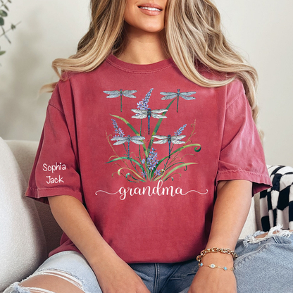 Personalized Grandma Shirt Dragonfly Floral Graphic Custom Grandkids Names Women Family Love Mimi Nana Gigi Mama Casual Short Sleeve T Shirt
