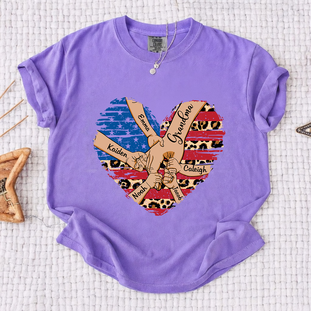 Comfort Color Personalized Grandma Shirt Patriotic Heart American Flag Leopard Design Custom Nana Mimi Gigi Name Tee with Grandkids Names Family 4th of July Outfit