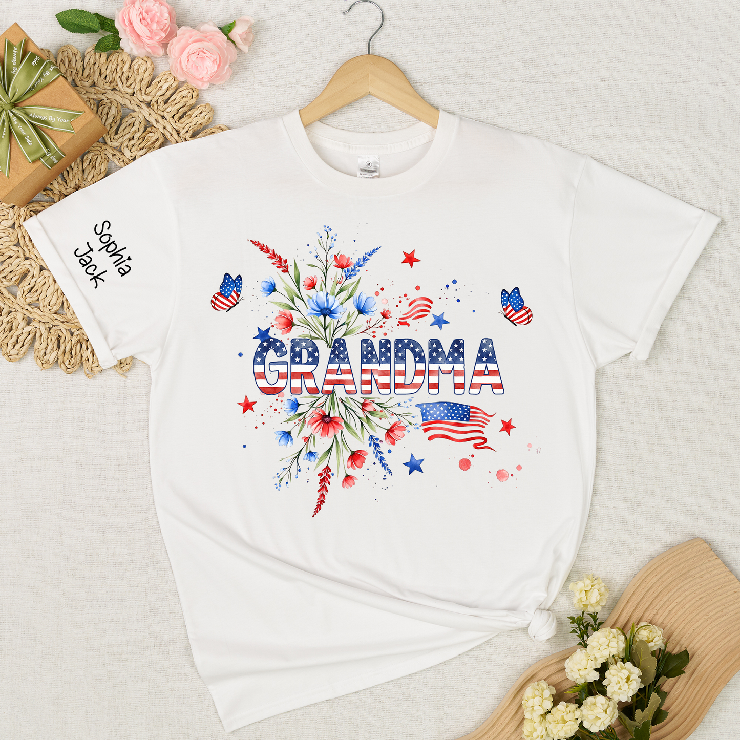 Patriotic Grandma Shirt, American Flag Floral Grandma T-Shirt, Custom Mimi Gigi Nana Tee, 4th of July Grandma Gift, Mother's Day Apparel