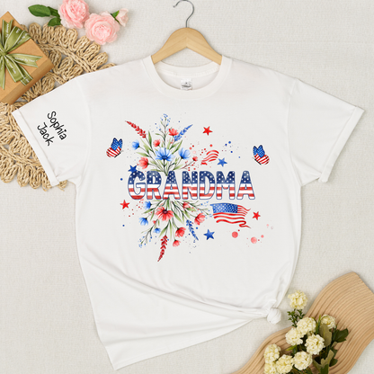 Patriotic Grandma Shirt, American Flag Floral Grandma T-Shirt, Custom Mimi Gigi Nana Tee, 4th of July Grandma Gift, Mother's Day Apparel