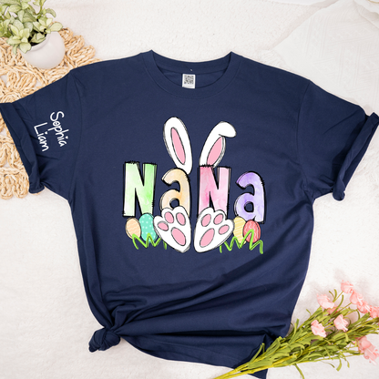 Personalized Nana Easter Shirt with Bunny Ears and Paw Print Design, Custom Grandma Name T Shirt, Spring Family Outfit, Cute Pastel Graphic Top for Mom and Grandma