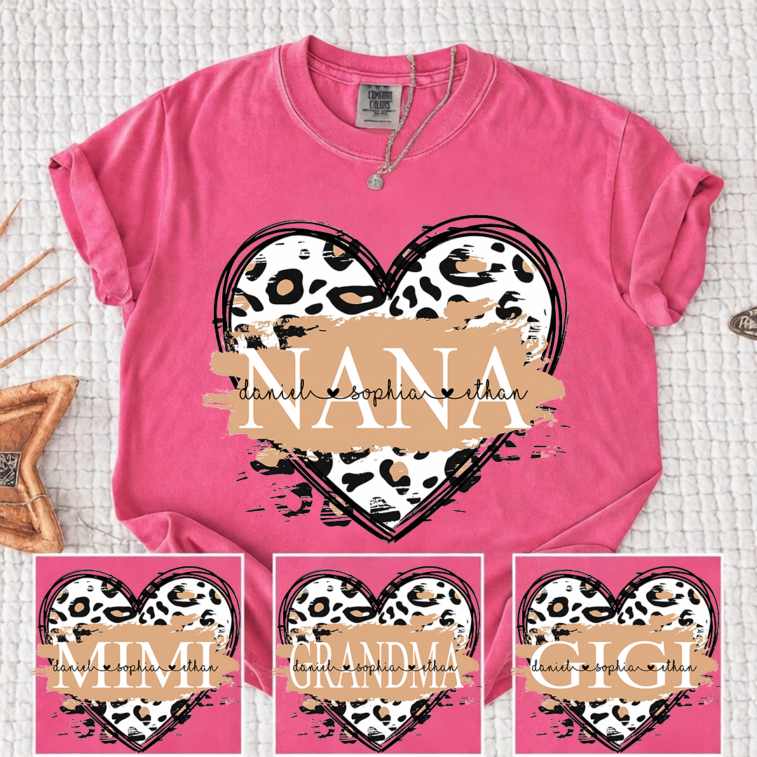 Comfort Colors Personalized Nana Shirt Leopard Heart Design Custom Mimi Grandma Gigi Name Tee with Grandkids Names Stylish Family Outfit for Women