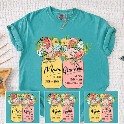 Personalized Mom Grandma Shirt Birth Flower Mason Jar Design Custom Nana Mimi Gigi Name Tee with Kids Names Meaningful Family Keepsake Gift for Women