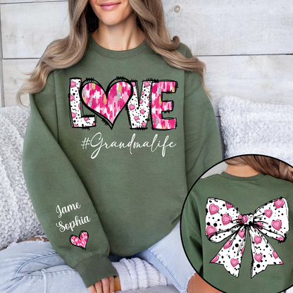 Custom LOVE Grandma Sweatshirt with Pink Heart Bow Design - Personalized with Grandkids' Names - Thoughtful Gift for Grandmothers